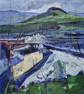 Robert Oltay, Blick vom Schlossgarten über´s Atelier zum Kreuzberg, Krumau, 2017, 93 x 83 cm, Öl auf Holzplatte 