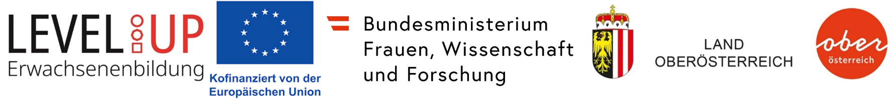 Logo  Level Up - Erwachsenenbildung, EU, BMFWF und Land OÖ